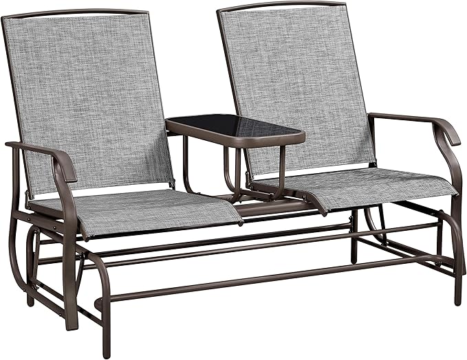 Yaheetech 2-Seat Outdoor Glider with Center Table, Patio Rocking Loveseat with Breathable Mesh Sturdy Metal Frame for Garden Pool Lawn