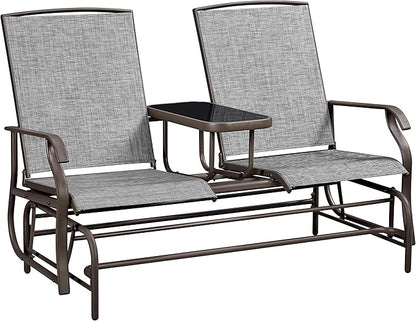 Yaheetech 2-Seat Outdoor Glider with Center Table, Patio Rocking Loveseat with Breathable Mesh Sturdy Metal Frame for Garden Pool Lawn