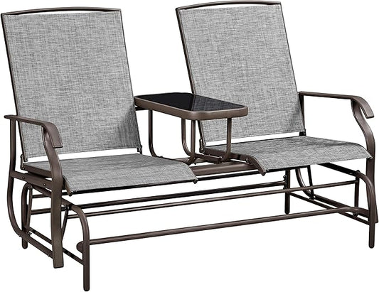 Yaheetech 2-Seat Outdoor Glider with Center Table, Patio Rocking Loveseat with Breathable Mesh Sturdy Metal Frame for Garden Pool Lawn
