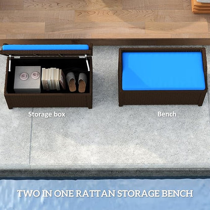 Outsunny Outdoor Wicker Storage Bench Deck Box, PE Rattan Patio Furniture Pool Storage Bin Container with Interior Waterproof Cloth Bag and Comfortable Cushion, Navy Blue