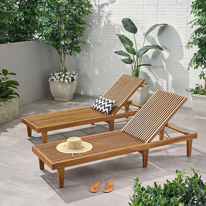 Christopher Knight Home Nadine Set of 2 Outdoor Patio Wood Adjustable Chaise Lounges - Photo 2