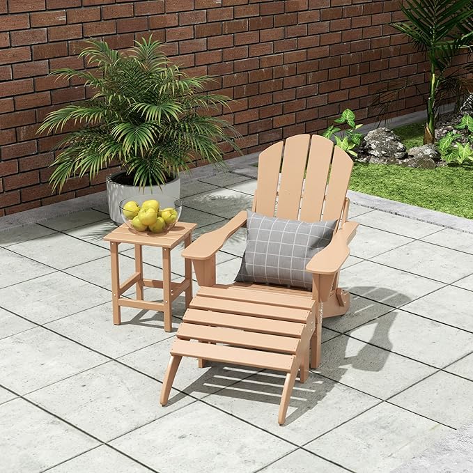 WO Home Furniture 3pc Set - HDPE Poly Adirondack Chair with Ottoman/Footrest and Square Side Table, All Weather and UV Resistant for Outdoor Patio Backyard, Garden, Teak
