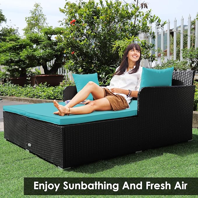 Tangkula Outdoor Rattan Daybed, Sunbed Wicker Furniture w/Spacious Seat, Upholstered Cushion & High-Resilience Sponge - Photo 2