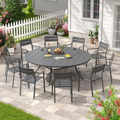 Patio Dining Table for 8-10, Round Metal Outdoor Table with 1.57" Umbrella Hole, 63" Outdoor Slat Tabletop Dining Table for Backyard, Porch, Lawn, Dark Grey