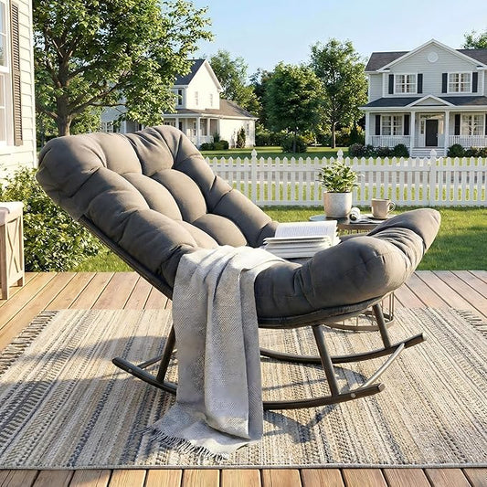 IRONCK Papasan Rocking Chair with Cushion, Patio Wicker Rocking Chair, Metal Frame Egg Rocker, 450lbs Capacity, Indoor Outdoor Lounge for Garden, Porch, Living Room, Balcony, Gray