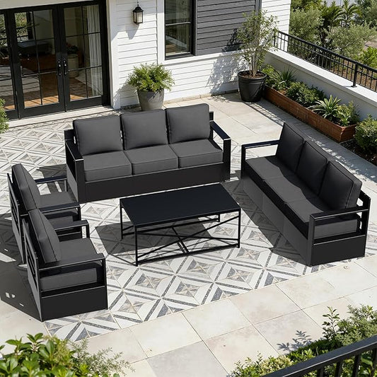 Outdoor Aluminum Furniture Set, 4-Piece Patio Conversation Set, 2 Chairs, 2 Sofa and 1 Table, All-Weather Metal Frame, 6" Thick Removable Cushions, Deep Setting for Garden, Poolside and Porch