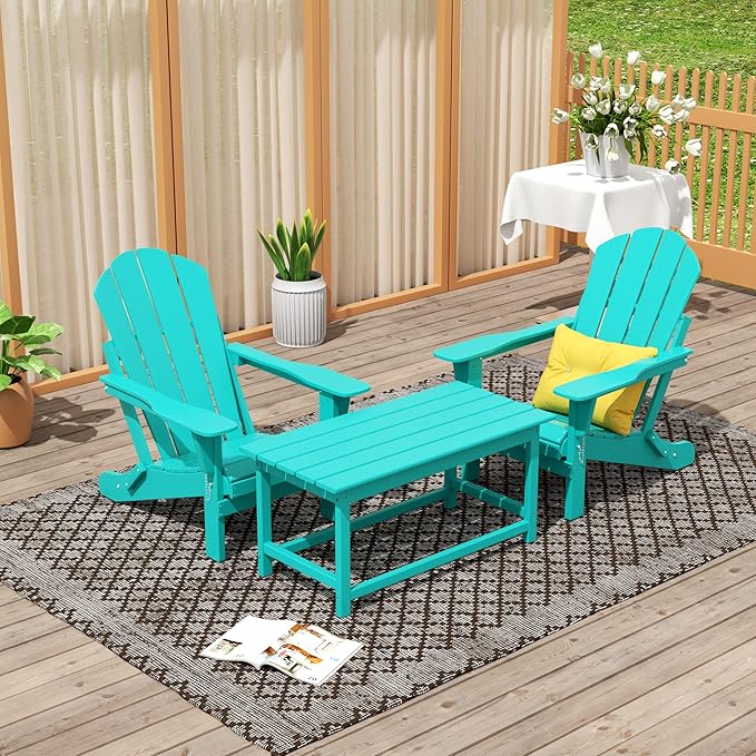 WO Home Furniture Adirondack Chairs Table Set of 3 PCS Outdoor Folding Chairs Coffee Table Weather/UV Resistant for Lawn - Photo 2
