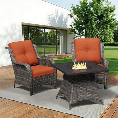 3 Pieces Outdoor Wicker Patio Furniture Set with Fire Pit Table, Patio Chair Set with Thickened Olefin Cushions, High Back and Deep Seating, Hand-Woven PE Rattan for Porch, Deck