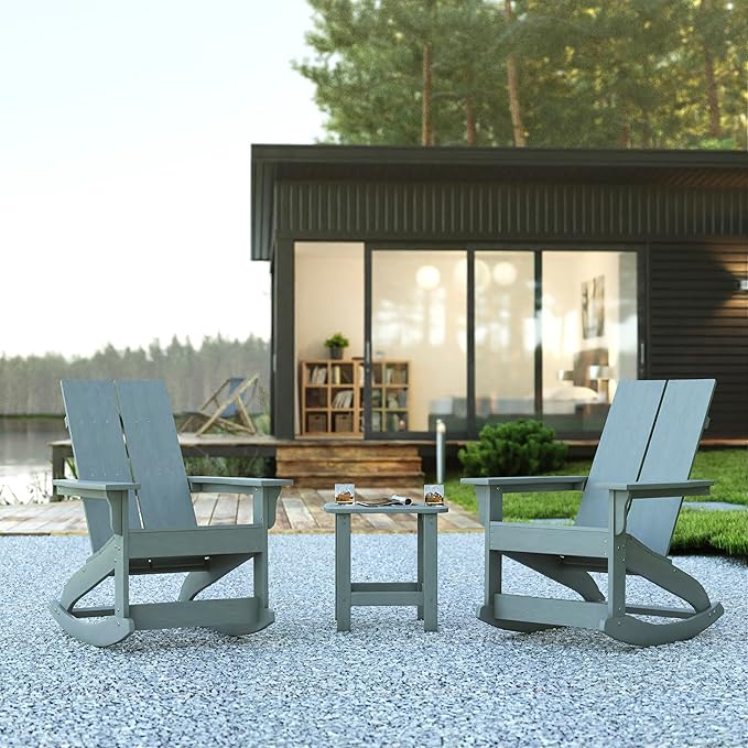 Flash Furniture Set of 2 Finn Modern Commercial Grade Adirondack Rocking Chairs - All-Weather Gray Poly Resin Wood - Photo 2