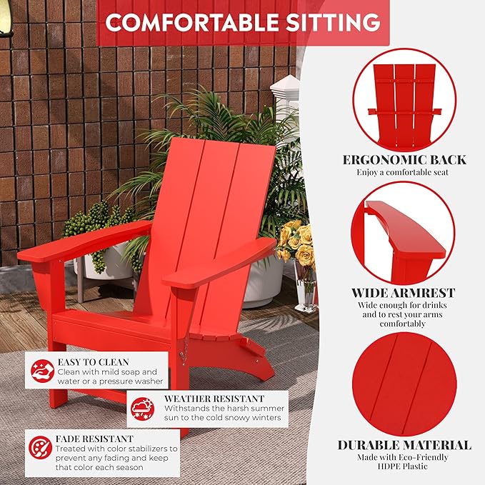 Costaelm Folding Adirondack Chairs, Outdoor Patio Adjustable Lawn Chairs, Weather Resistant Outside Firepit Chairs for Porch, Poolside, Garden, Backyard Deck, Red