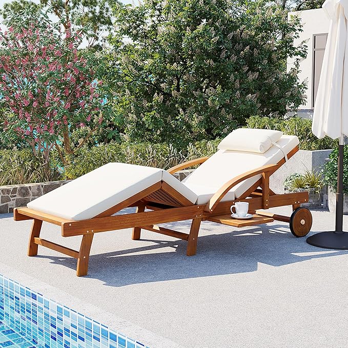 Acacia Wood Outdoor Patio Chaise Lounge, All Weather Reclining Lounge Chairs with Adjustable Backrest& Leg Rest, 2 Wheels, Headrest, Retractable Side Tray for Poolside Garden Beach (Beige-3.17)
