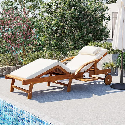 LUMISOL 77.5” Acacia Wood Chaise Lounge Chair, Patio Outdoor Chaise Lounge with Cushions, Adjustable Backrest, Leg Rest, Headrest, Retractable Side Tray for Patio, Pool, Garden, Beige