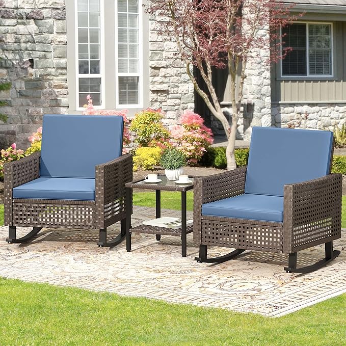 YITAHOME 3 Pieces Patio Wicker Rocking Chair Set, Outdoor Patio Furniture Set with Rattan Side Table, Thickened Cushions - Photo 2