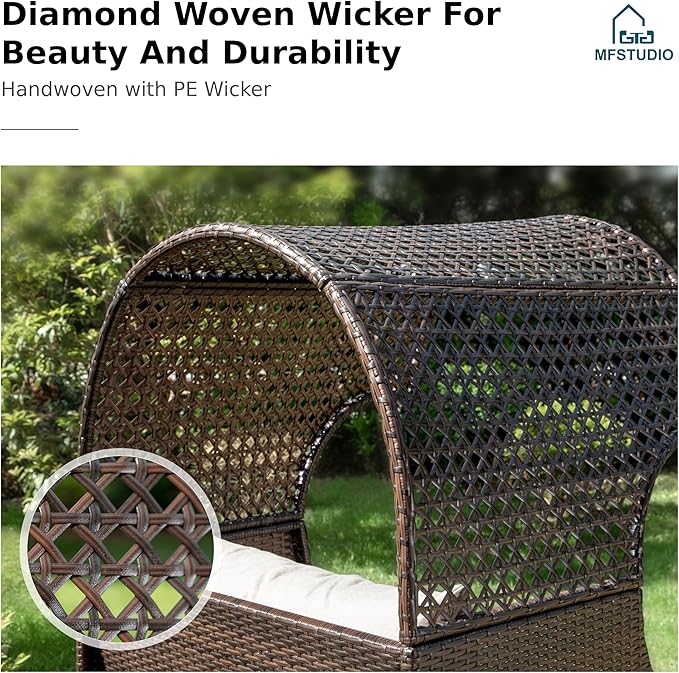MFSTUDIO Outdoor & Indoor Wicker Egg Sofa Chair with Oversized Seat, Detachable Top Canopy, Hight Backrest, Waterproof Cover and Anti-Slip Cushions, 400lbs Capacity, Grey