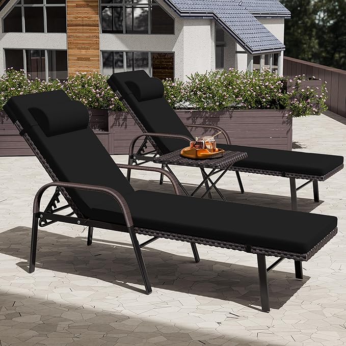 Patio Chaise Lounge Set 3 Pieces Outdoor Lounge Chair with Rattan Adjustable Backrest Armrest and Folding Table for - Photo 7