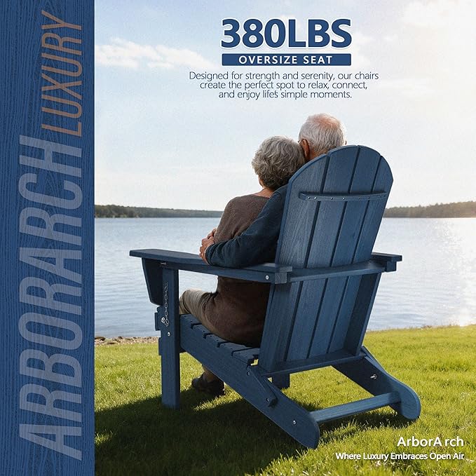 Outdoor Folding Adirondack Chair Set of 1 for Patio Fire Pit, Wooden Textured HDPE Adjustable Chairs with Cup Holder, Waterproof All Weather Resistant Plastic for Pool Lawn Garden Backyard(NavyBlue)