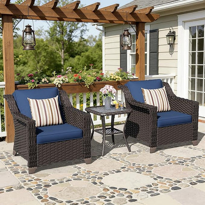3 Pieces Patio Conversation Furniture Set - 2 Armchairs, 1 Side Table, Outdoor Wicker Furniture with Removable Cushions for Porch, Balcony, Deck, Sunroom (Blue)