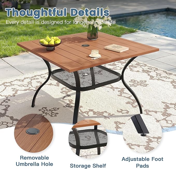 DIFY Outdoor Dining Table, Patio Square Metal Dining Table with 1.57" Umbrella Hole for 4 Person, Ideal for Poolside, Deck, Garden and Balcony, Walnut