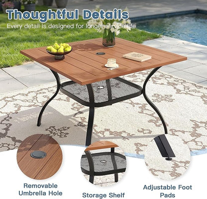 DIFY Outdoor Dining Table, Patio Square Metal Dining Table with 1.57" Umbrella Hole for 4 Person, Ideal for Poolside, Deck, Garden and Balcony, Walnut