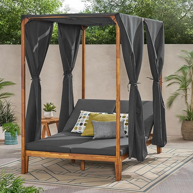 Christopher Knight Home Muntz Outdoor Acacia Wood Daybed Frame Only, Wooden Rectangular Patio Daybed Frame, Double Chaise Lounge Chair Outdoor, Adjustable Backrest Patio Furniture Sofa Set, Teak