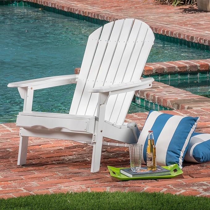 Folding Adirondack Chair, Outdoor White Adirondack Chairs with Wood Texture, Acacia Wood Fire Pit Chairs, All Weather, for Deck Backyard Patio Outdoor Garden