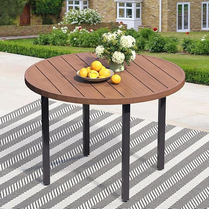 42" Round Patio Dining Table for 4, All-Weather Metal Patio Table with Umbrella Hole, Outdoor Round Dining Table for Lawn Garden Porch, Walnut,