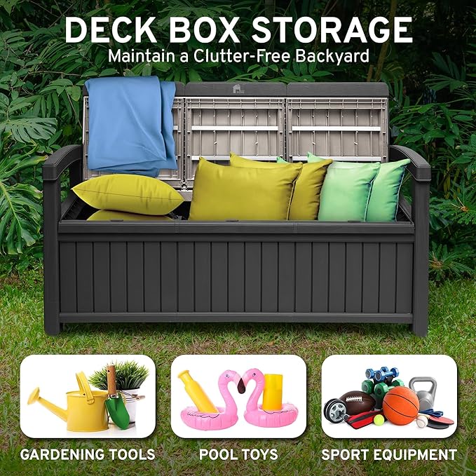 EconoHome 3 Seat Outdoor Storage Bench with Rain Cover - 90 Gallon Capacity - Weatherproof Resin Bench for Patio, Porch - Photo 3