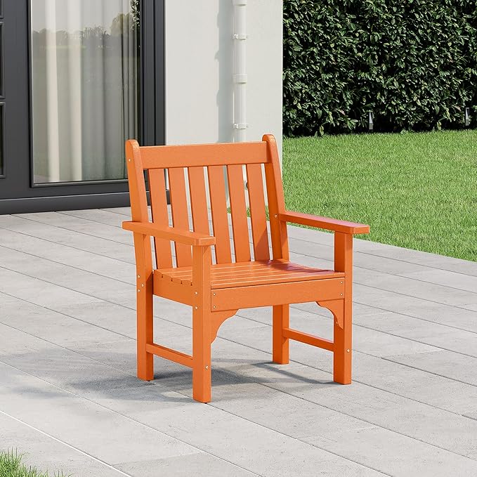 Costaelm Outdoor Dining Arm Chair, Patio HDPE Garden Dining Table Chair, Poly Lumber Waterproof Restaurant Bistro Farmhouse Chairs for Outside Porch Backyard, Orange