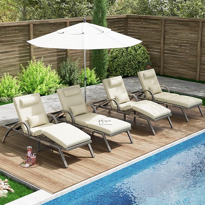 MEISSALIVVE Outdoor Lounge Chairs Set of 4, Patio Chaise Loungers with Adjustable 5-Position & Leg Support, PE Rattan Chaise Lounge, Wicker Pool Recliners Chair for Backyard, Porch, Deck, （Brown