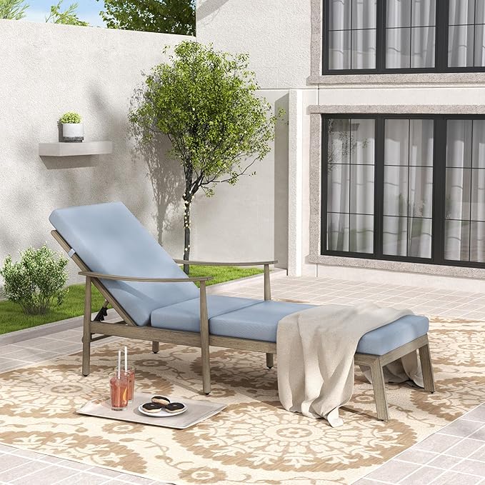 Outdoor Lounge Chair with Armrest, Patio Aluminum Chaise Lounge Outdoor Adjustable Backrest with Rope Design, Patio Recliner Chairs Cushions for Lawn Pool Beach (Brown)