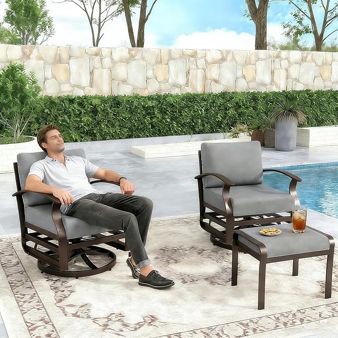 Gotland 4 Piece Patio Set, Metal Outdoor Swivel Chairs Set of 2 with 2 Ottoman 5.1’’ High-Resilience Seat Cushions Removable Cushions, Aluminum Patio Furniture Set for Lawn, Porch, Balcony, Grey