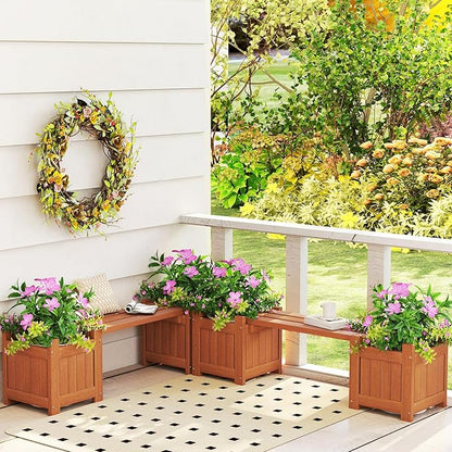 HAPPYGRILL Outdoor Bench with 2 Raised Garden Beds, 2-in-1 Outdoor Planter Box with Teak Oil Finish, Open-Ended Base, Wooden Garden Bench for Flowerpots, Indoor Patio Yard Porch Decoration (1)