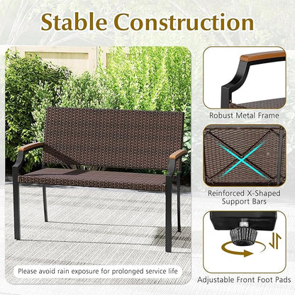 Tangkula Stackable Patio Wicker Loveseat Bench, 2-Person Rattan Outdoor Bench with Acacia Wood Armrests & Metal Frame, Rattan Conversation Furniture for Backyard, Garden, Balcony, Porch (2,Mix Brown)