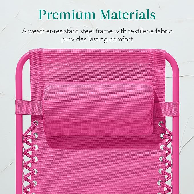 Best Choice Products Adjustable Zero Gravity Chair, Monochromatic Color Folding Patio Recliner w/Side Tray, Headrest - Ultimate Pink