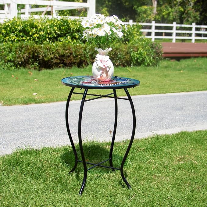 12 Inch Round Butterfly Glass Side Table, Patio Small Table, Outdoor Side Table, Outdoor Bar Table - Photo 5