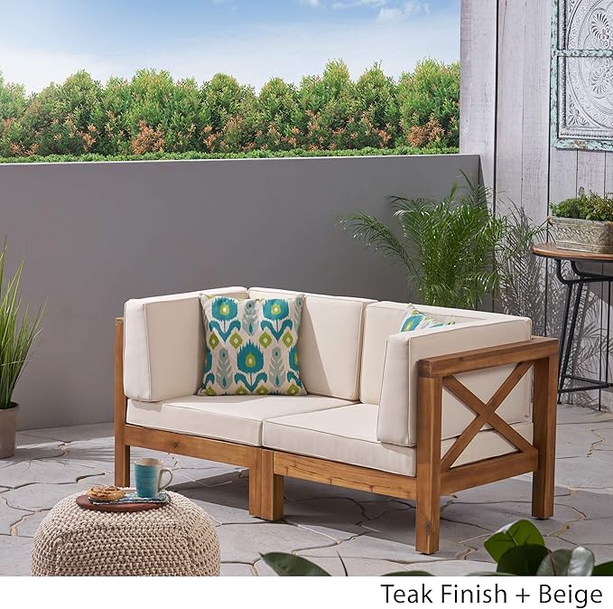 GDFStudio Outdoor Sectional Loveseat Set | 2-Seater | Acacia Wood | Water-Resistant Cushions | Teak and Beige - Photo 4