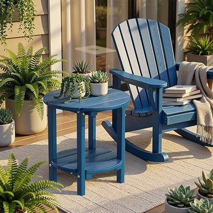 2 Tier Round Outdoor Side Table with Wood-Like Grain, HDPE Adirondack Table Patio Side Table, Weather Resistant End Table for Pool, Patio & Porch, Small Outdoor Table (Navy Blue, Round)