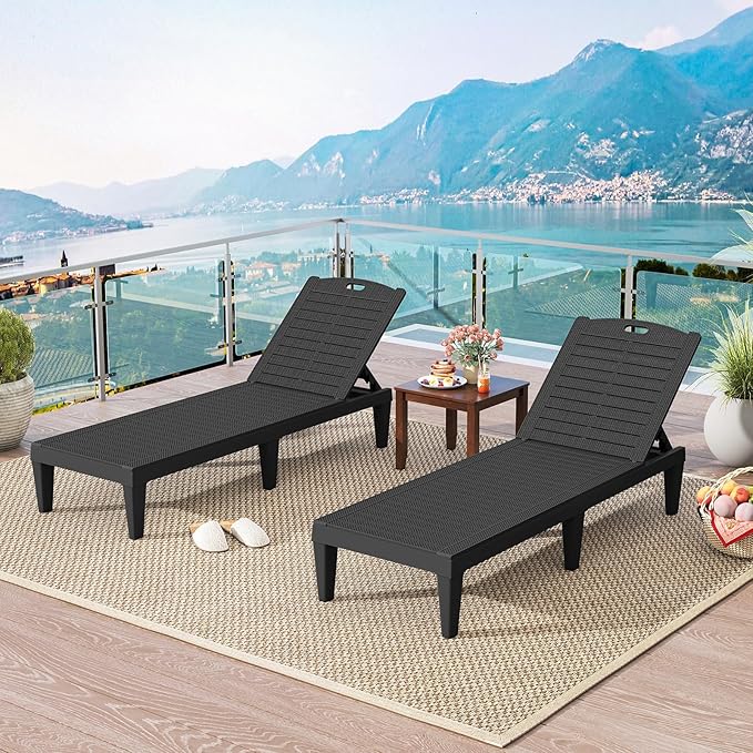 Tangkula Lounge Chair Outdoor Set of 2, Patio PP Pool Lounge Chairs with 5-Position Adjustable Backrests, Easy Assembly, Recliner Chaise Lounger for Poolside, Deck, Backyard, Porch (Black)