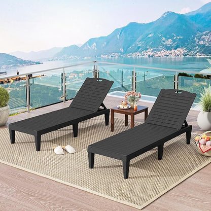 Tangkula Lounge Chair Outdoor Set of 2, Patio PP Pool Lounge Chairs with 5-Position Adjustable Backrests, Easy Assembly, Recliner Chaise Lounger for Poolside, Deck, Backyard, Porch (Black)