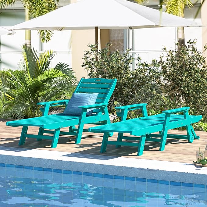 nalone HDPE Chaise Lounge Chair Outdoor with Wheels & Cup Holder, Pool Lounge Chairs with 5-Position Adjustable Backrest, Supports Up to 400 LBS for Patio Poolside Deck Beach Backyard (Aruba)