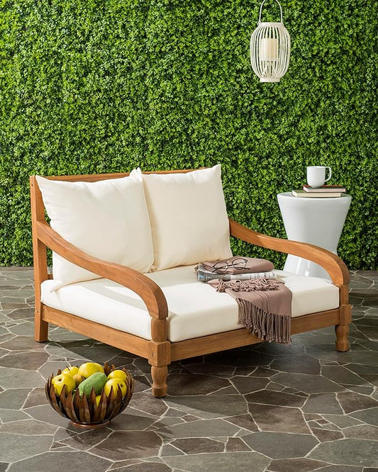 SAFAVIEH Outdoor Collection Pomona Natural Solid Wood/Beige Lounger Bench Sofa Loveseat (PAT6740A)