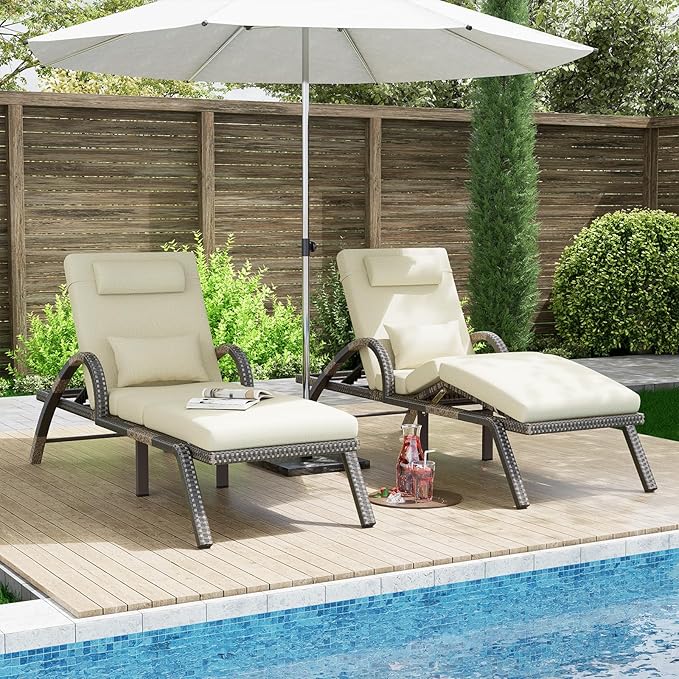 MEISSALIVVE Outdoor Lounge Chairs Set of 2, Patio Chaise Loungers with Adjustable 5-Position & Leg Support, PE Rattan Chaise Lounge, Wicker Pool Recliners Chair for Backyard, Porch, Deck,（Brown