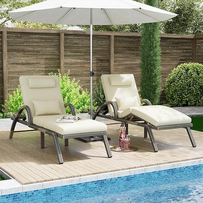 MEISSALIVVE Outdoor Lounge Chairs Set of 2, Patio Chaise Loungers with Adjustable 5-Position & Leg Support, PE Rattan Chaise Lounge, Wicker Pool Recliners Chair for Backyard, Porch, Deck,（Brown