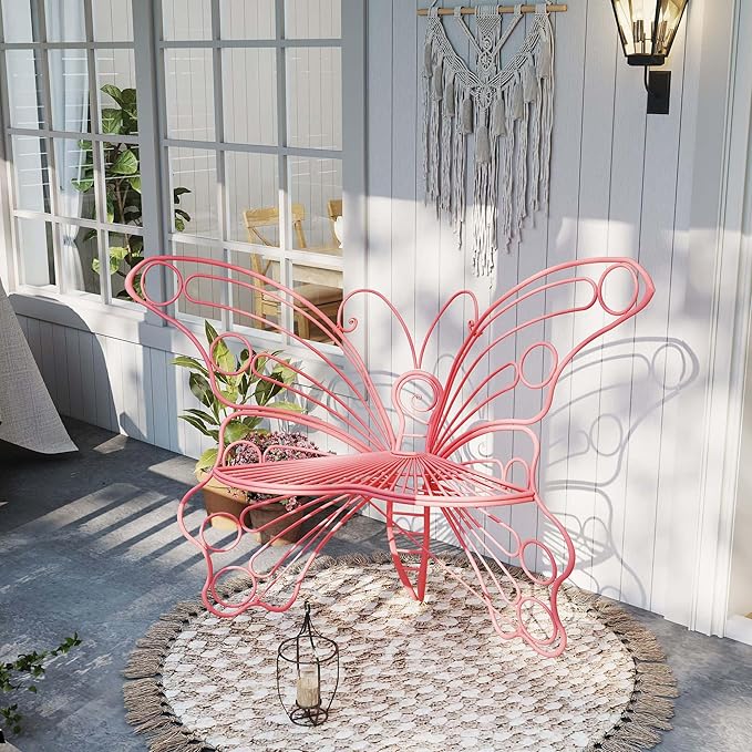 Pink Butterfly Benches Outdoors, Pretty Garden Bench & Cute Metal Outside Bench, Front Porch Benches Outdoor with Sturdy Frame for Lawn Yard Balcony (Pink)