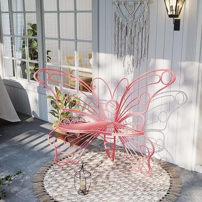 Pink Butterfly Benches Outdoors, Pretty Garden Bench & Cute Metal Outside Bench, Front Porch Benches Outdoor with Sturdy Frame for Lawn Yard Balcony (Pink)