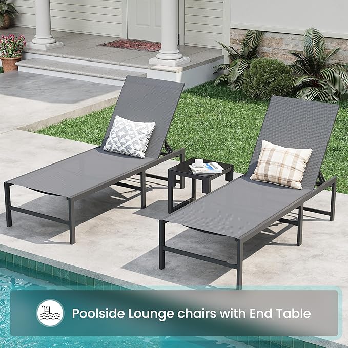 Amopatio Outdoor Patio Lounge Chair, Adjustable Heavy-Duty Chaise Lounge for Poolside, Weather Resistant Pool Lounge Furniture Set with Table for Backyard Beach, 400 LBS Capacity(Gray)