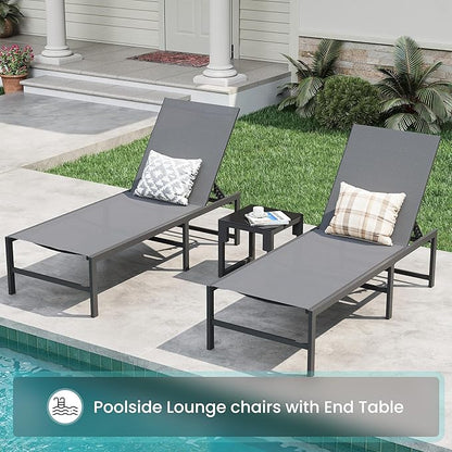 Amopatio Outdoor Patio Lounge Chair, Adjustable Heavy-Duty Chaise Lounge for Poolside, Weather Resistant Pool Lounge Furniture Set with Table for Backyard Beach, 400 LBS Capacity(Gray)