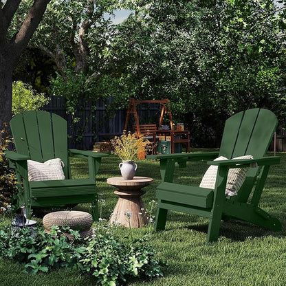 Foldable Adirondack Chair with Cup Holder-Heavy Duty Recycled HDPE Outdoor Patio Furniture, Weather Resistant Deck Lawn Fire Pit Chair (Dark Green, 2 Chair)