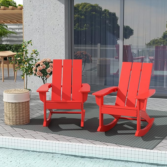 WestinTrends Ashore Patio Rocking Chairs Set of 4, All Weather Poly Lumber Plank Adirondack Rocker Chair, Modern Farmhouse Outdoor Rocking Chairs for Porch Garden Backyard and Indoor, Red