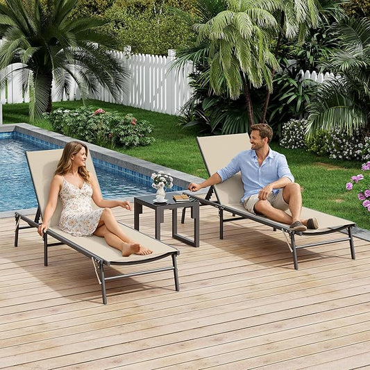 UDPATIO Foldable Patio Lounge Chair Sets with Side Table, No Assembly Outdoor Chaise Lounge with 5-Positions, Poolside Lounge Chairs with Portable Design for Pool, Beach, Deck, Backyard